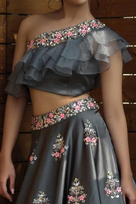 Buy_Parul Gandhi_Grey Dutch Satin Asymmetric Embroidered One Shoulder Lehenga Set _Online_at_Aza_Fashions