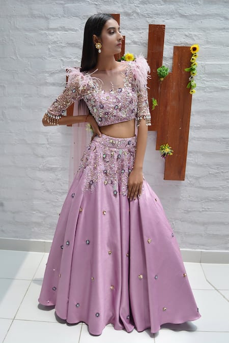 PARUL GANDHI_Purple Textured Jacquard Square Neck Embroidered Lehenga Set _Online_at_Aza_Fashions
