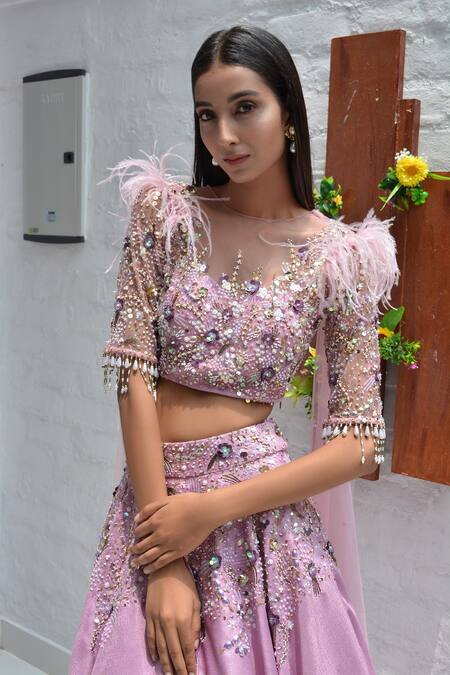 Shop_PARUL GANDHI_Purple Textured Jacquard Square Neck Embroidered Lehenga Set _Online_at_Aza_Fashions