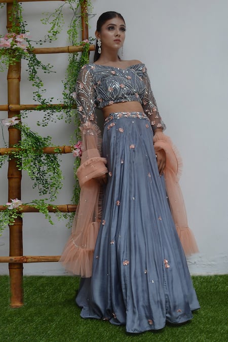 Shop_Parul Gandhi_Grey Net, Habutai Silk V Neck Embroidered Off Shoulder Lehenga Set _at_Aza_Fashions