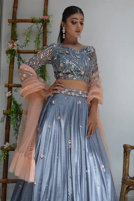 Parul Gandhi_Grey Net, Habutai Silk V Neck Embroidered Off Shoulder Lehenga Set _Online_at_Aza_Fashions
