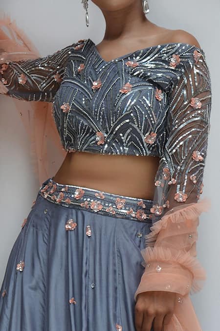 Buy_Parul Gandhi_Grey Net, Habutai Silk V Neck Embroidered Off Shoulder Lehenga Set _Online_at_Aza_Fashions