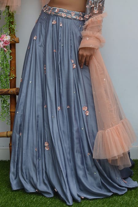 Shop_Parul Gandhi_Grey Net, Habutai Silk V Neck Embroidered Off Shoulder Lehenga Set _Online_at_Aza_Fashions