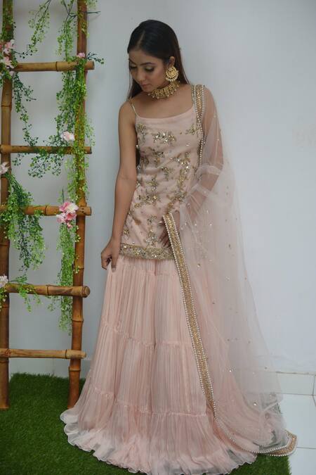 Shop_Parul Gandhi_Pink Pure Flat Chiffon Scoop Neck Embroidered Tunic Lehenga Set _at_Aza_Fashions