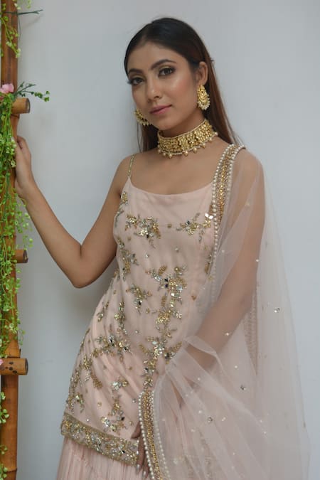 Parul Gandhi_Pink Pure Flat Chiffon Scoop Neck Embroidered Tunic Lehenga Set _Online_at_Aza_Fashions