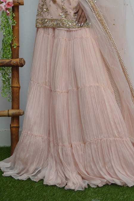 Buy_Parul Gandhi_Pink Pure Flat Chiffon Scoop Neck Embroidered Tunic Lehenga Set _Online_at_Aza_Fashions