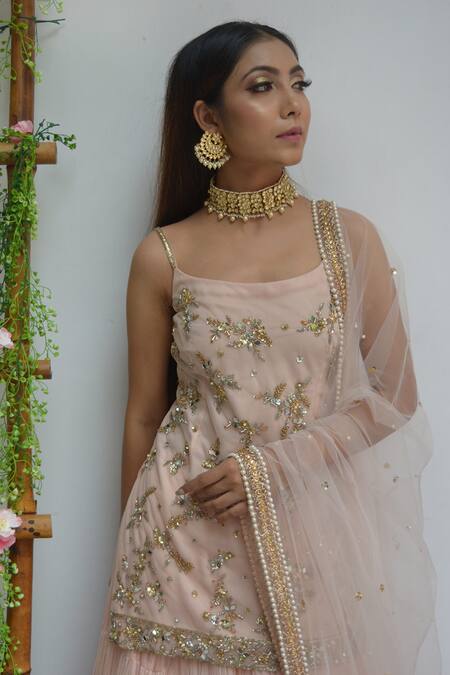 Shop_Parul Gandhi_Pink Pure Flat Chiffon Scoop Neck Embroidered Tunic Lehenga Set _Online_at_Aza_Fashions