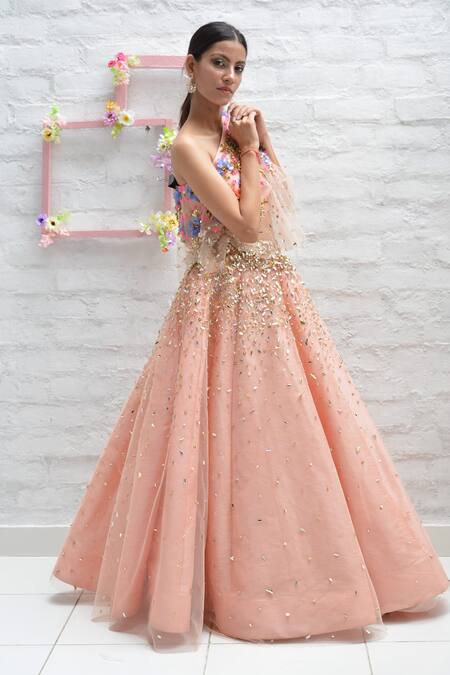 Parul Gandhi_Peach Net With Silk Asymmetric Embroidered One Shoulder Lehenga Set _Online_at_Aza_Fashions