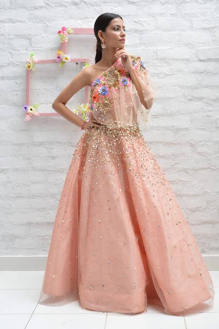 Buy_Parul Gandhi_Peach Net With Silk Asymmetric Embroidered One Shoulder Lehenga Set _Online_at_Aza_Fashions