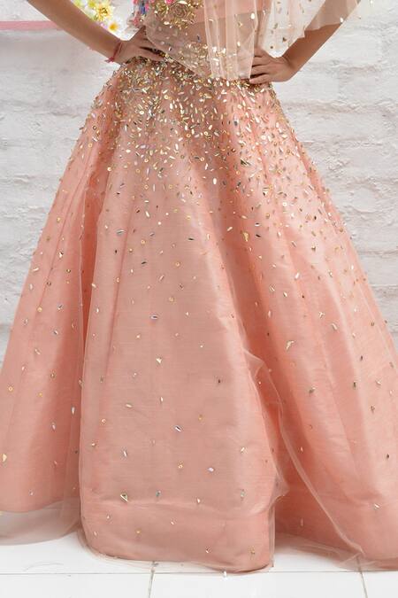 Shop_Parul Gandhi_Peach Net With Silk Asymmetric Embroidered One Shoulder Lehenga Set _Online_at_Aza_Fashions
