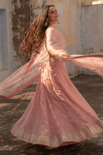 Apeksha Jain Label_Pink Raw Silk, Organza Bead Work, Gota Work, Sequins V Neck Bridal Lehenga Set _Online_at_Aza_Fashions