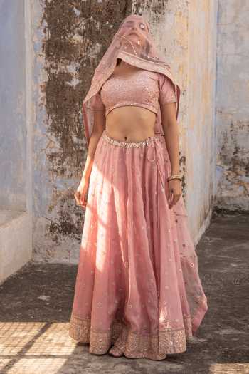 Buy_Apeksha Jain Label_Pink Raw Silk, Organza Bead Work, Gota Work, Sequins V Neck Bridal Lehenga Set _Online_at_Aza_Fashions