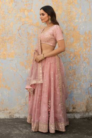 Shop_Apeksha Jain Label_Pink Raw Silk, Organza Bead Work, Gota Work, Sequins V Neck Bridal Lehenga Set _Online_at_Aza_Fashions