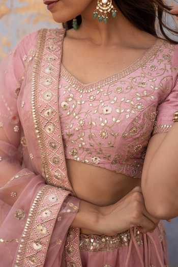 Apeksha Jain Label_Pink Raw Silk, Organza Bead Work, Gota Work, Sequins V Neck Bridal Lehenga Set _at_Aza_Fashions