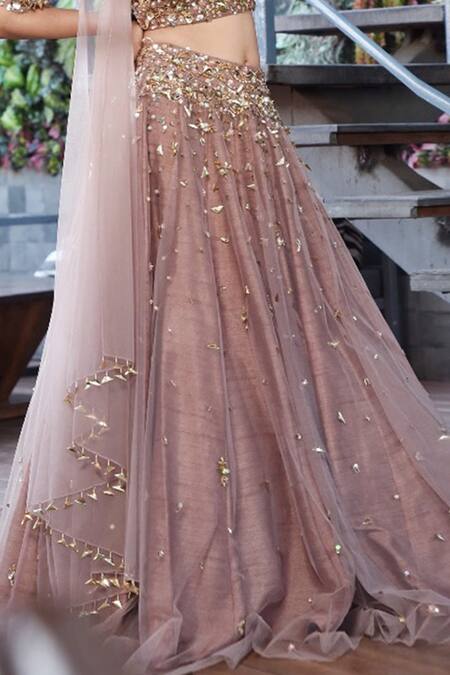 Buy_PARUL GANDHI_Brown Silk, Net Round Embroidered Lehenga Set _Online_at_Aza_Fashions