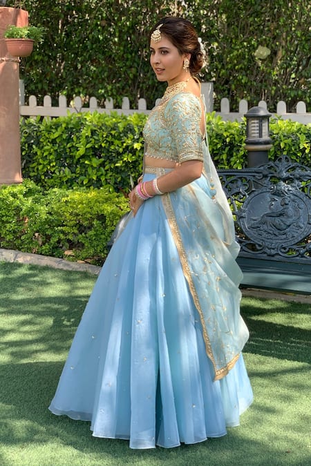 Parul Gandhi_Blue Organza Sequins, Beads Embroidered Lehenga Set_Online_at_Aza_Fashions