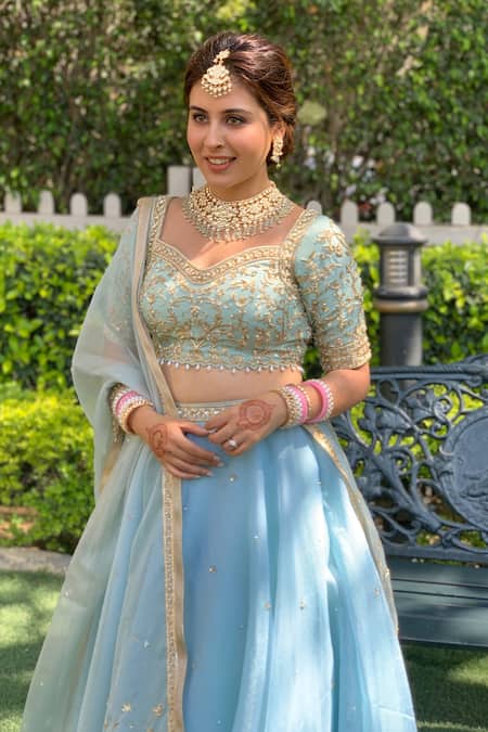 Buy_Parul Gandhi_Blue Organza Sequins, Beads Embroidered Lehenga Set_Online_at_Aza_Fashions