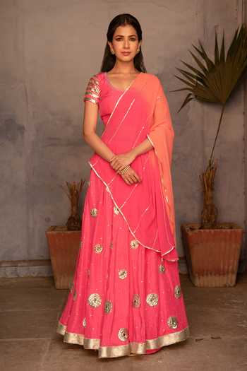 Apeksha Jain Label_Pink Silk Bead Work, Gota Work, Sequins Round Lehenga Set _Online_at_Aza_Fashions