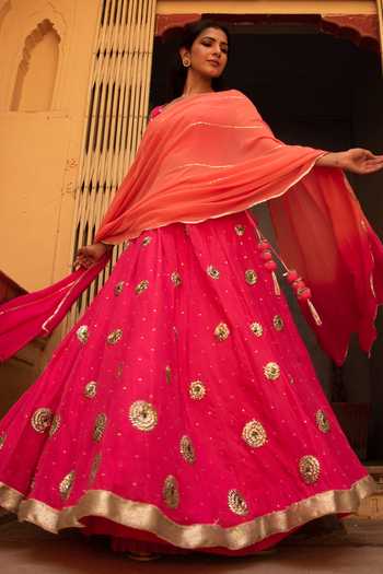 Buy_Apeksha Jain Label_Pink Silk Bead Work, Gota Work, Sequins Round Lehenga Set _Online_at_Aza_Fashions