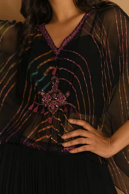 Shop K-Anshika Black Georgette V Neck Printed Kaftan And Lehenga Set Online at Aza Fashions Shop_K-Anshika_Black Georgette V Neck Printed Kaftan And Lehenga Set_Online_at_Aza_Fashions