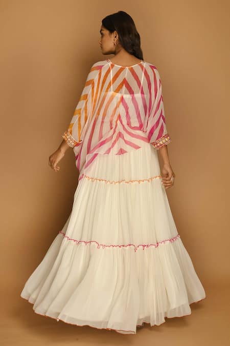 Shop_K-Anshika_White Georgette V Neck Printed Kaftan And Lehenga Set _at_Aza_Fashions