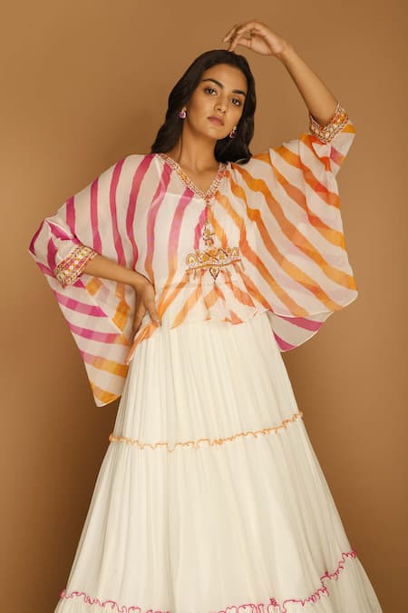 K-Anshika_White Georgette V Neck Printed Kaftan And Lehenga Set _Online_at_Aza_Fashions