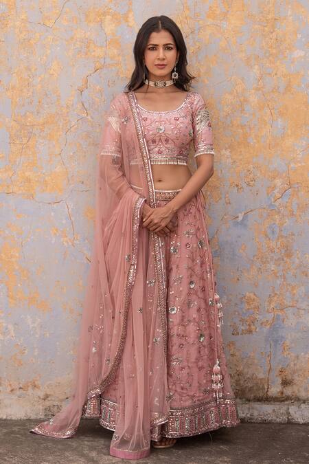 Apeksha Jain Label_Pink Organza, Net Bead Work, Sequins, Floral Jaal Embroidered Bridal Lehenga Set_Online_at_Aza_Fashions