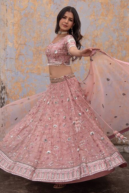 Buy_Apeksha Jain Label_Pink Organza, Net Bead Work, Sequins, Floral Jaal Embroidered Bridal Lehenga Set_Online_at_Aza_Fashions