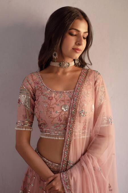 Apeksha Jain Label_Pink Organza, Net Bead Work, Sequins, Floral Jaal Embroidered Bridal Lehenga Set_at_Aza_Fashions