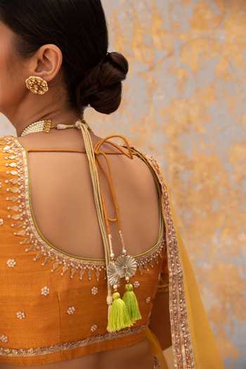 Apeksha Jain Label_Yellow Raw Silk, Georgette Bead Work, Gota Floral Embroidered Bridal Lehenga Set _Online_at_Aza_Fashions