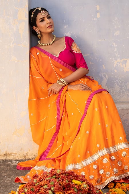 Apeksha Jain Label_Orange Silk, Georgette Bead Work, Gota Work, Sequins Leaf Neck Lehenga Set _Online_at_Aza_Fashions