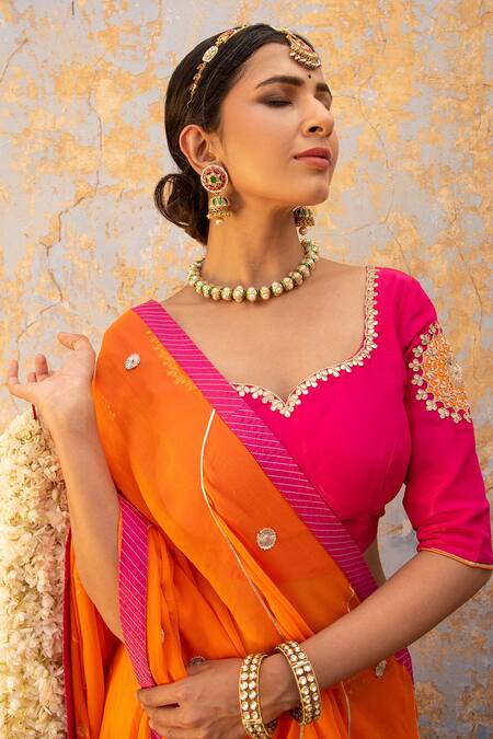 Shop_Apeksha Jain Label_Orange Silk, Georgette Bead Work, Gota Work, Sequins Leaf Neck Lehenga Set _Online_at_Aza_Fashions