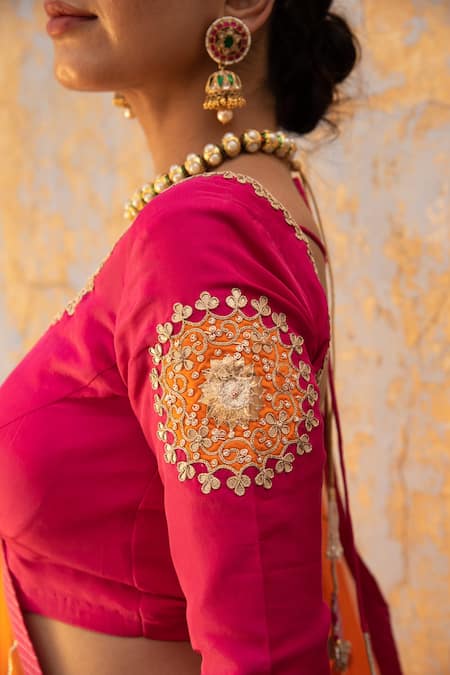 Apeksha Jain Label_Orange Silk, Georgette Bead Work, Gota Work, Sequins Leaf Neck Lehenga Set _at_Aza_Fashions