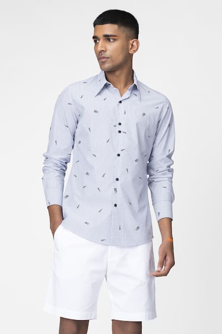 Buy White Cotton Printed Pinstripes Logo Patchwork Shirt For Men ...
