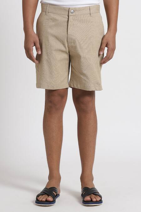Shop Genes Lecoanet Hemant Beige Structured Cotton Shorts at Aza Fashions Shop_Genes Lecoanet Hemant_Beige Structured Cotton Shorts_at_Aza_Fashions