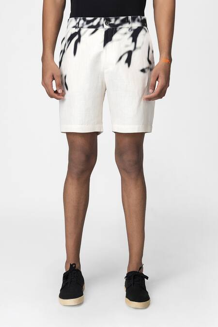 Genes Lecoanet Hemant_White Stretch H. Bone Bamboo Leaves Leaf Print Shorts_Online_at_Aza_Fashions