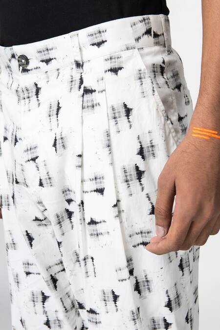 Shop_Genes Lecoanet Hemant_White Cotton Twill Printed Graphic Pleated Trouser _Online_at_Aza_Fashions