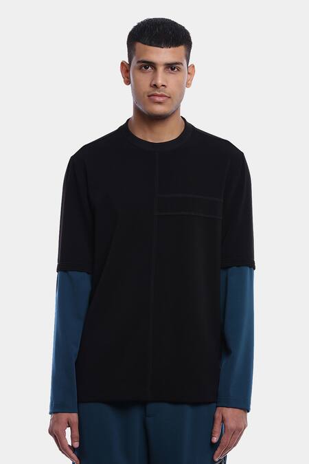 Genes Lecoanet Hemant_Black Poly Crepe Einar Colorblock T-shirt_Online_at_Aza_Fashions