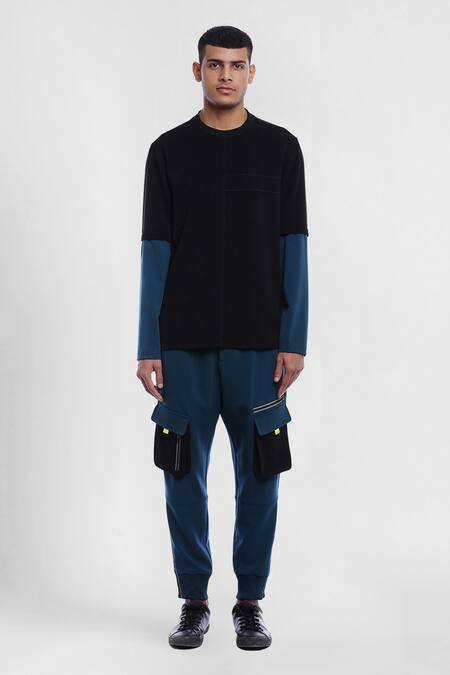 Buy_Genes Lecoanet Hemant_Black Poly Crepe Einar Colorblock T-shirt_Online_at_Aza_Fashions