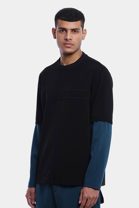 Shop_Genes Lecoanet Hemant_Black Poly Crepe Einar Colorblock T-shirt_Online_at_Aza_Fashions