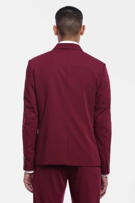 Shop Genes Lecoanet Hemant Maroon Leather- Felt Ovyen Blazer at Aza Fashions Shop_Genes Lecoanet Hemant_Maroon Leather- Felt Ovyen Blazer_at_Aza_Fashions
