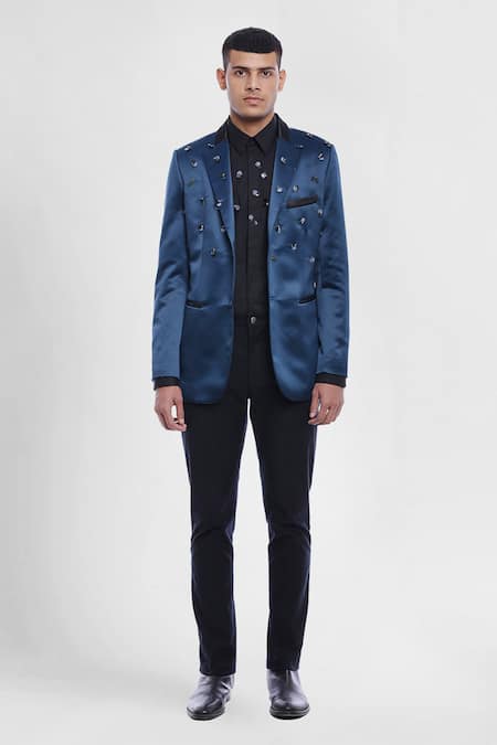 Genes Lecoanet Hemant_Blue Satin Hans Embellished Blazer _Online_at_Aza_Fashions
