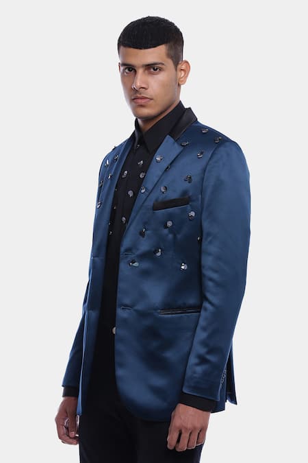 Buy_Genes Lecoanet Hemant_Blue Satin Hans Embellished Blazer _Online_at_Aza_Fashions