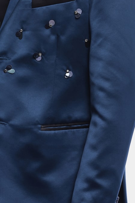 Shop_Genes Lecoanet Hemant_Blue Satin Hans Embellished Blazer _Online_at_Aza_Fashions