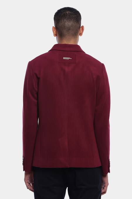 Shop Genes Lecoanet Hemant Maroon Poly Viscose Karl Blazer at Aza Fashions Shop_Genes Lecoanet Hemant_Maroon Poly Viscose Karl Blazer_at_Aza_Fashions