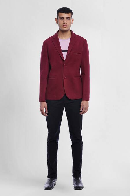 Genes Lecoanet Hemant Maroon Poly Viscose Karl Blazer Online at Aza Fashions Genes Lecoanet Hemant_Maroon Poly Viscose Karl Blazer_Online_at_Aza_Fashions
