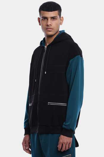 Buy_Genes Lecoanet Hemant_Black Poly Crepe Jonas Hoodie Jacket_Online_at_Aza_Fashions