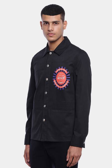 Genes Lecoanet Hemant_Black Twill Lycra Anders Printed Logo Jacket_Online_at_Aza_Fashions