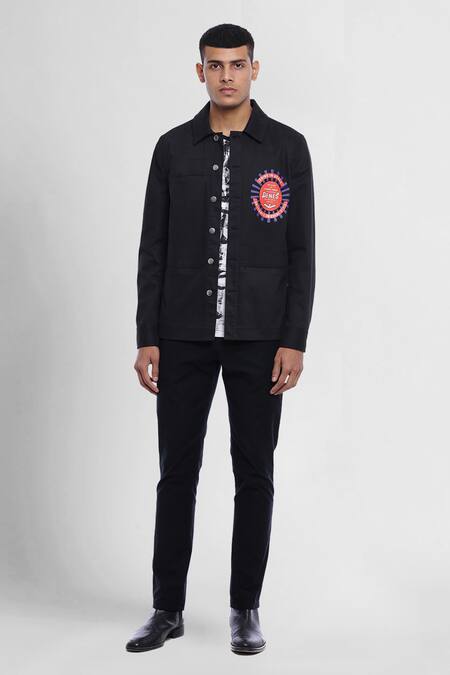 Buy_Genes Lecoanet Hemant_Black Twill Lycra Anders Printed Logo Jacket_Online_at_Aza_Fashions