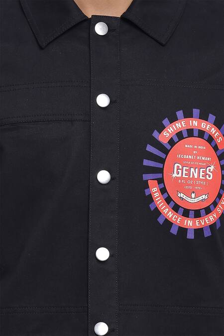 Shop_Genes Lecoanet Hemant_Black Twill Lycra Anders Printed Logo Jacket_Online_at_Aza_Fashions